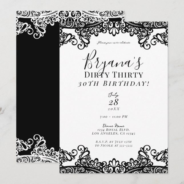 Convites Lace Branco e Preto Chic Sujo 30 30º Aniversário   (Frente/Verso)
