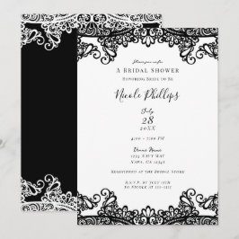 Convites Lace Branco e Preto Elegante e Chique Chá de Noiva