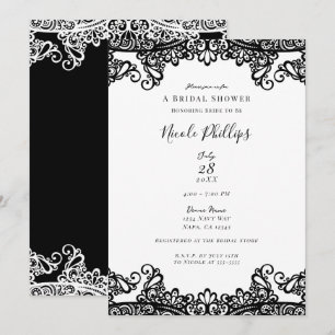 Convites Lace Branco e Preto Elegante e Chique Chá de Noiva