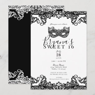 Convites Lace Branco e Preto Festa de Máscaras Sweet 16