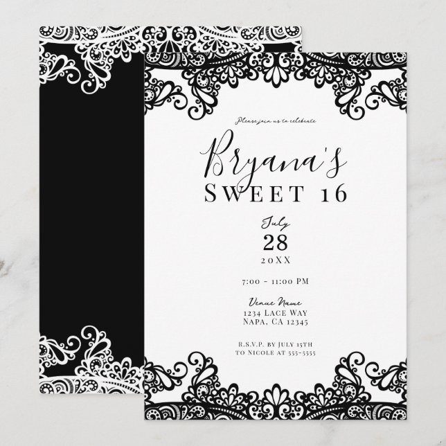 Convites Lace Branco e Preto Festa Elegante Doce 16 (Frente/Verso)
