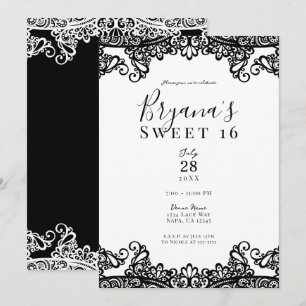 Convites Lace Branco e Preto Festa Elegante Doce 16