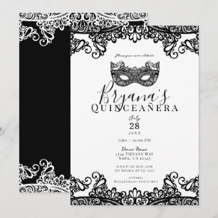 Convites Lace Branco e Preto Máscara de 15 anos Quinceañera