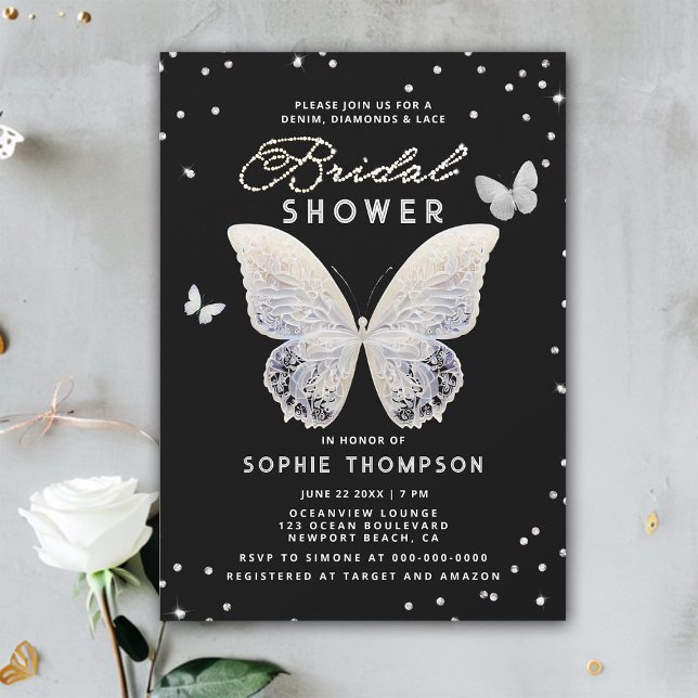 Convites Lace Butterfly Chá de panela Elegante Rhinestones (lace bridal shower invitation white butterflies elegant boho romantic classy rhinestones modern chic)