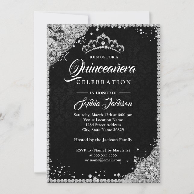 Convites Lace de Diamante Brilho Preto Quinze Anos Prata (Frente)