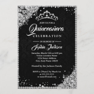 Convites Lace de Diamante Brilho Preto Quinze Anos Prata