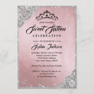 Convites Lace de Diamante Brilho Rosa Prata Sweet Sixteen