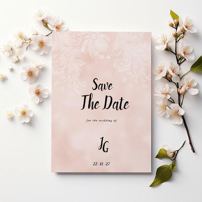 Convites Lace de flor branca de pêssego Elegante Salvar a D (Elegant peach white flower lace Save The Date)
