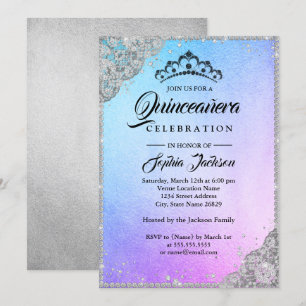 Convites Lace Diamante Brilho Azul Roxo Quinceanera
