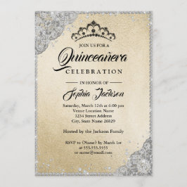 Convites Lace Diamante Brilho Quinceanera Dourado Prata