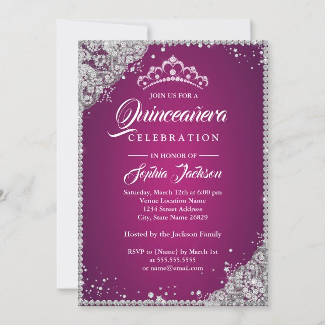 Convites Lace Diamante Brilho Rosa Prata Quinceanera (Frente)