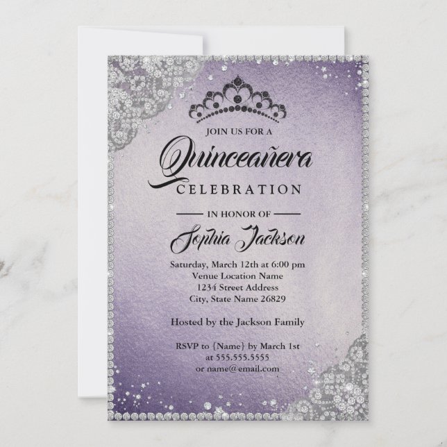 Convites Lace Diamante Brilho Roxo Quinceanera (Frente)