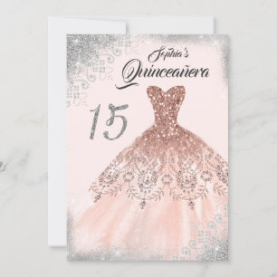 Convites Lace Diamond Gown Rosa Dourada de Prata Quinceaner