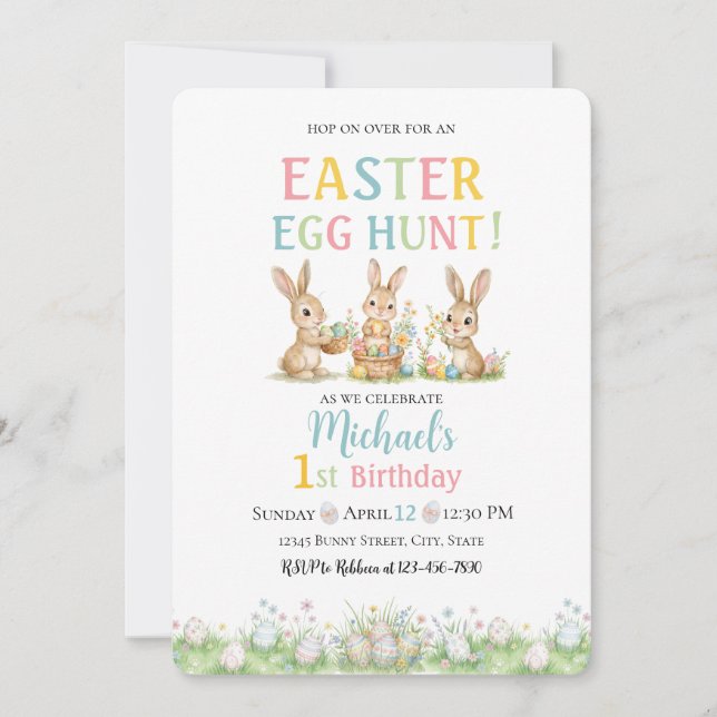 Convites Lace Easter Egg Hunt Boy First Birthday Invitation (Frente)