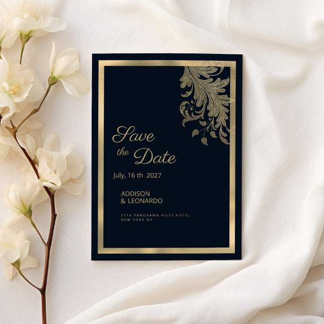 Convites Lace floral azul marinho clássico Guardar a Data (Classy navy blue gold floral lace Save the Date )
