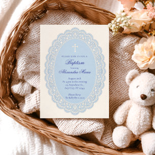 Convites Lace Floral Azul Pó Baptismo