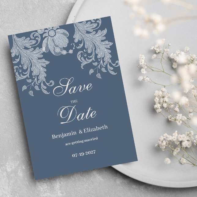 Convites Lace floral branco azul-mave simples Salve a data (Simple mauve blue white floral lace Save the Date)