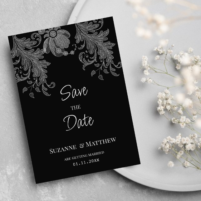 Convites Lace floral branco e preto elegante Salve a data (Elegant black and white floral lace Save the Date)