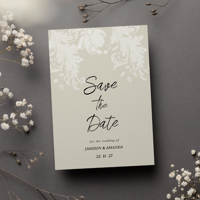 Convites Lace floral branco neutro Russo Salvar a Data (Rustic neutral white floral lace Save The Date)
