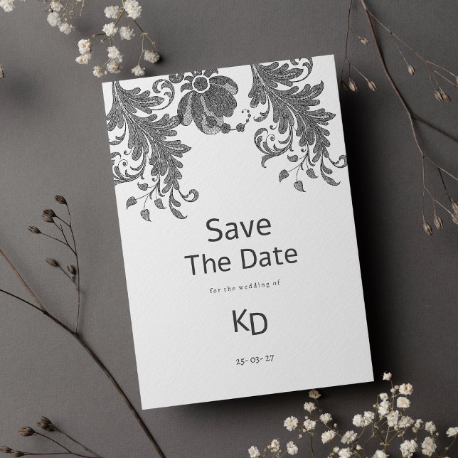 Convites Lace floral branco preto Guarde a Data (Black white glitter floral lace Save The Date )