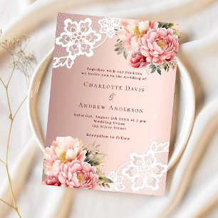Convites Lace floral cor-de-rosa rosa de casado luxo