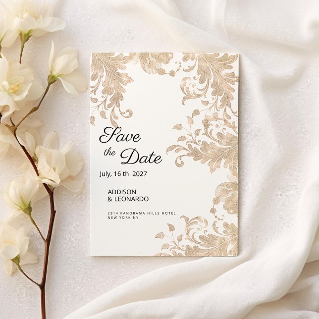 Convites Lace floral de ouro branco de luxo Salve a data (Luxury chic white gold floral lace Save the Date )
