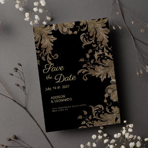 Convites Lace floral de ouro negro de luxo Salve a data
