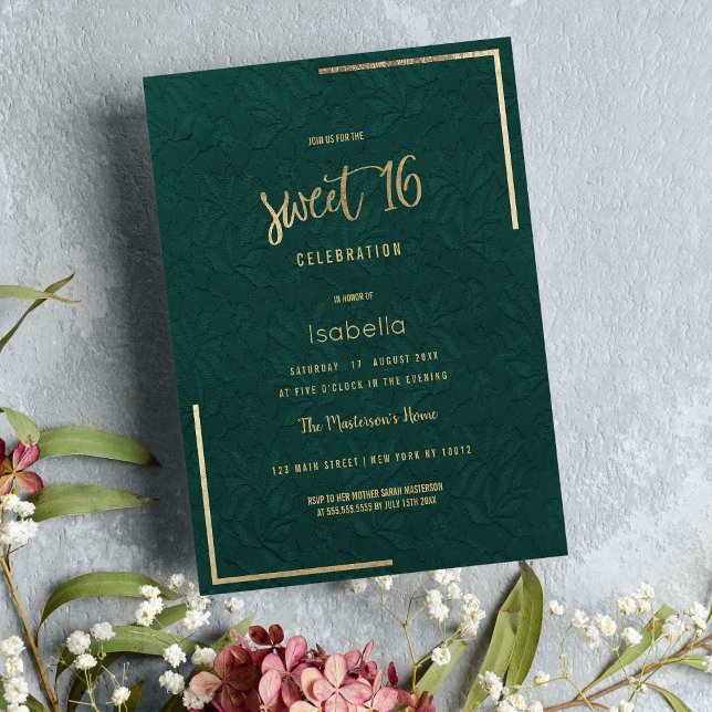 Convites Lace floral de ouro verde florestal Elegante Sweet (Elegant forest green gold floral lace Sweet 16 Invitation )