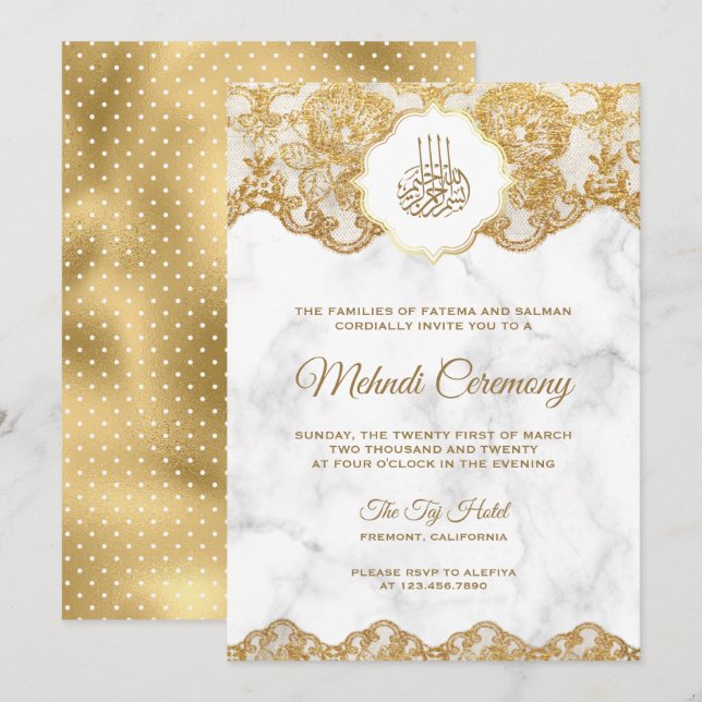 Convites Lace Islâmico de folha de ouro branco (Frente/Verso)