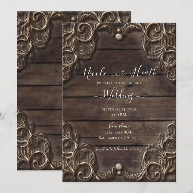 Convites Lace & Madeira Escura Casamento Ocidental Rústico  (Frente/Verso)
