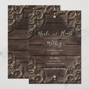 Convites Lace & Madeira Escura Casamento Ocidental Rústico 