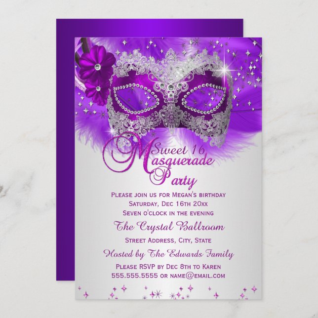 Convites Lace Mask Purple Silver Mascarada Sweet 16 (Frente/Verso)