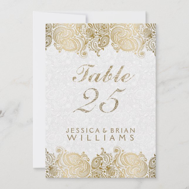 Convites Lace Paisley Dourado em Número de Mesa Branco (Frente)
