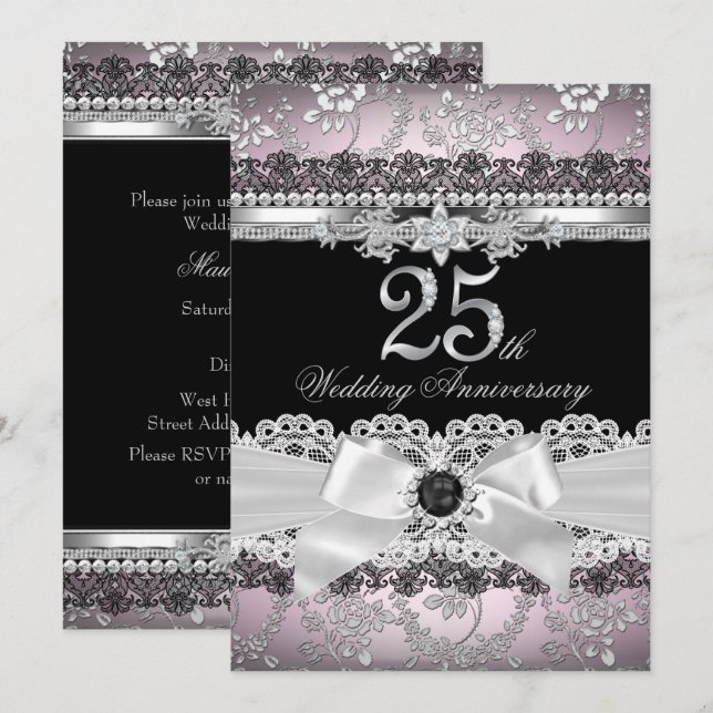Convites Lace & Pearl Bow Prata Rosa 25º Aniversário (Frente/Verso)