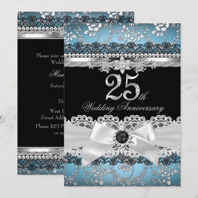 Convites Lace & Pearl Bow Silver Azul 25º Aniversário (Frente/Verso)