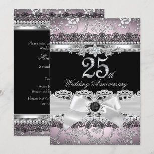 Convites Lace & Pearl Bow Silver Pink 25º Aniversário