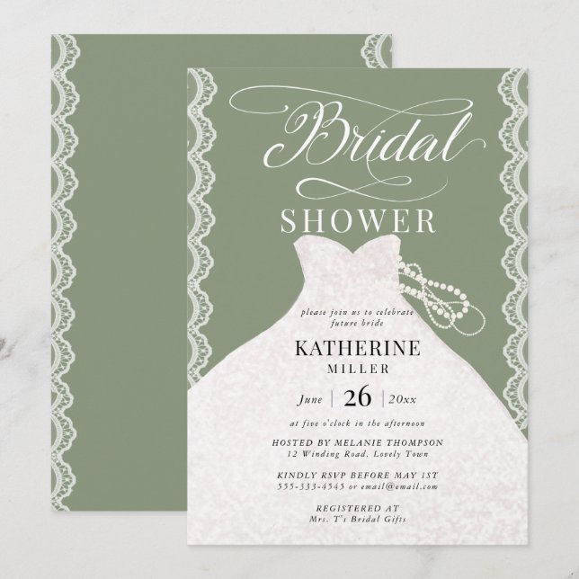 Convites Lace Pears Sage Chá de panela Verde (Frente/Verso)