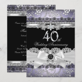 Convites Lace Pérola Laço Prata Roxo 40º Aniversário