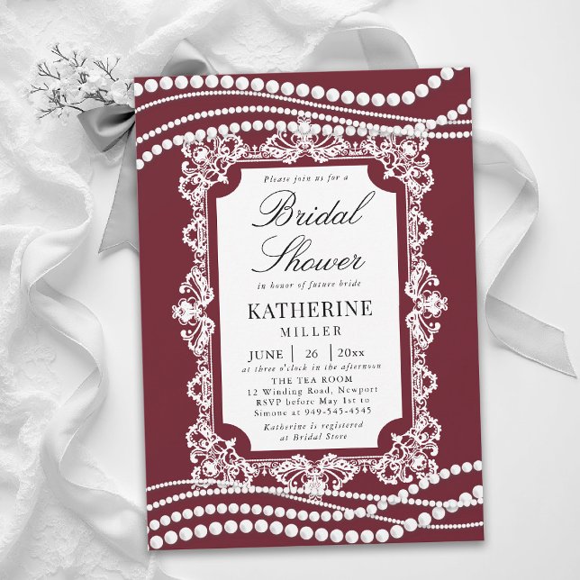 Convites Lace Pérolas Clássico Burgundy Branco Chuveiro de  (lace bridal shower ideas white pearls burgundy modern classic traditional elegant invitation card)