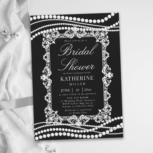 Convites Lace Pérolas Clássico Preto Branco Chic Festa de N (lace bridal shower ideas black white pearls modern classic traditional elegant invitation template)