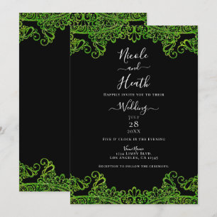 Convites Lace Preto com Brilho Verde Lima Casamento