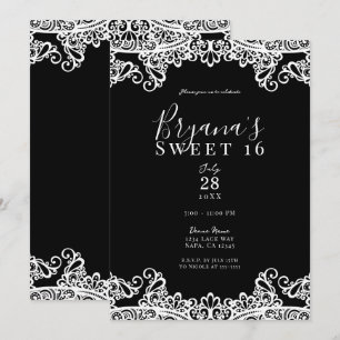 Convites Lace Preto e Branco Festa Elegante de 16 Anos Doce