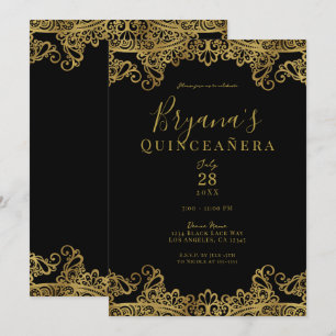 Convites Lace Preto e Dourado Festa de Quince Anos Elegante