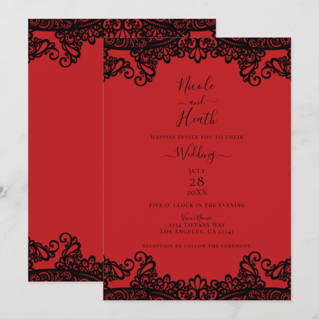 Convites Lace Preto e Vermelho Casamento Elegante (Frente/Verso)