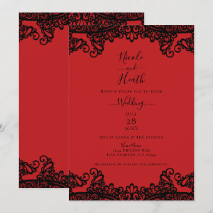 Convites Lace Preto e Vermelho Casamento Elegante