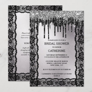 Convites Lace preto prateado brilho escuro moody luxurioso