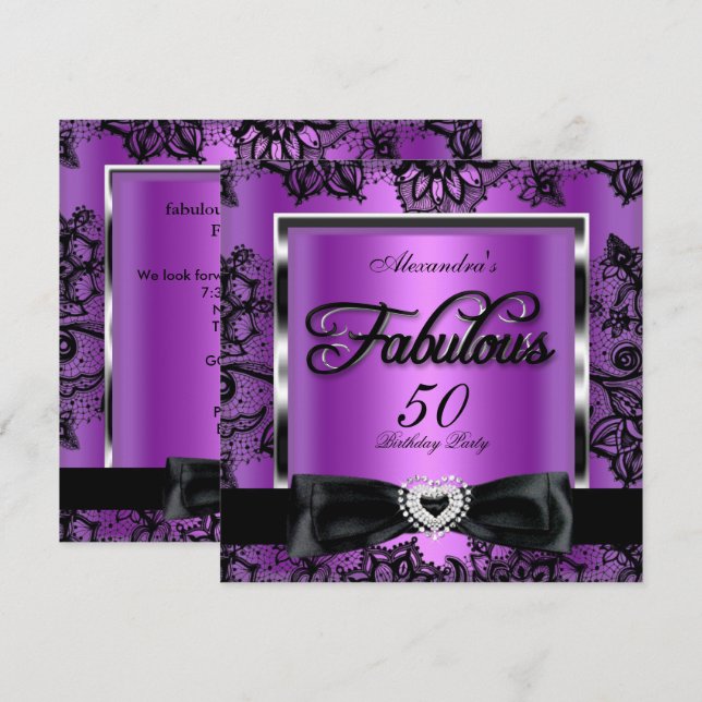 Convites Lace preto roxo de 50 fabuloso festas (Frente/Verso)