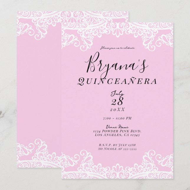 Convites Lace Rosa e Branco Elegante Quinceañera (Frente/Verso)