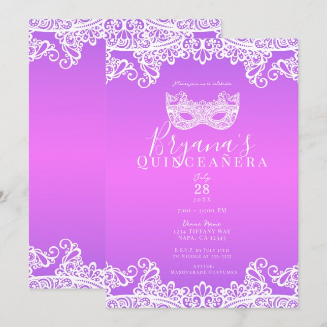 Convites Lace Roxo Rosa Máscara de 15 anos Quinceañera (Frente/Verso)