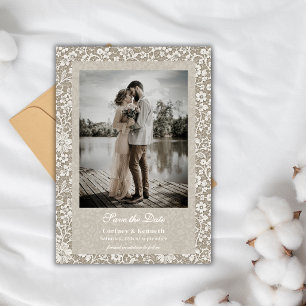 Convites Lace Rustica Foto Bege Casamento Save The Date 